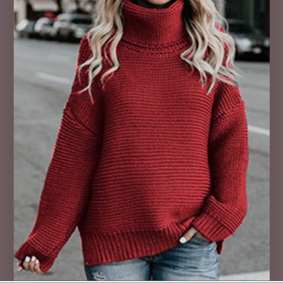 Red Knit Turtleneck Long Sleeve Oversized Sweater - Picture 5 of 7